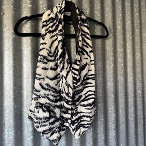 Vintage Bebe Zebra Faux Fur Halter Vest Black White Y2K Festival Made USA Small